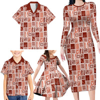 Vintage Aloha Block Quilt Family Matching Long Sleeve Bodycon Dress and Hawaiian Shirt Red Inspired Lei Motifs - Polynesian Pride