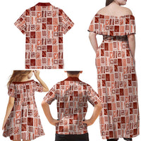 Vintage Aloha Block Quilt Family Matching Off Shoulder Maxi Dress and Hawaiian Shirt Red Inspired Lei Motifs - Polynesian Pride