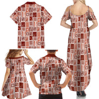Vintage Aloha Block Quilt Family Matching Summer Maxi Dress and Hawaiian Shirt Red Inspired Lei Motifs - Polynesian Pride