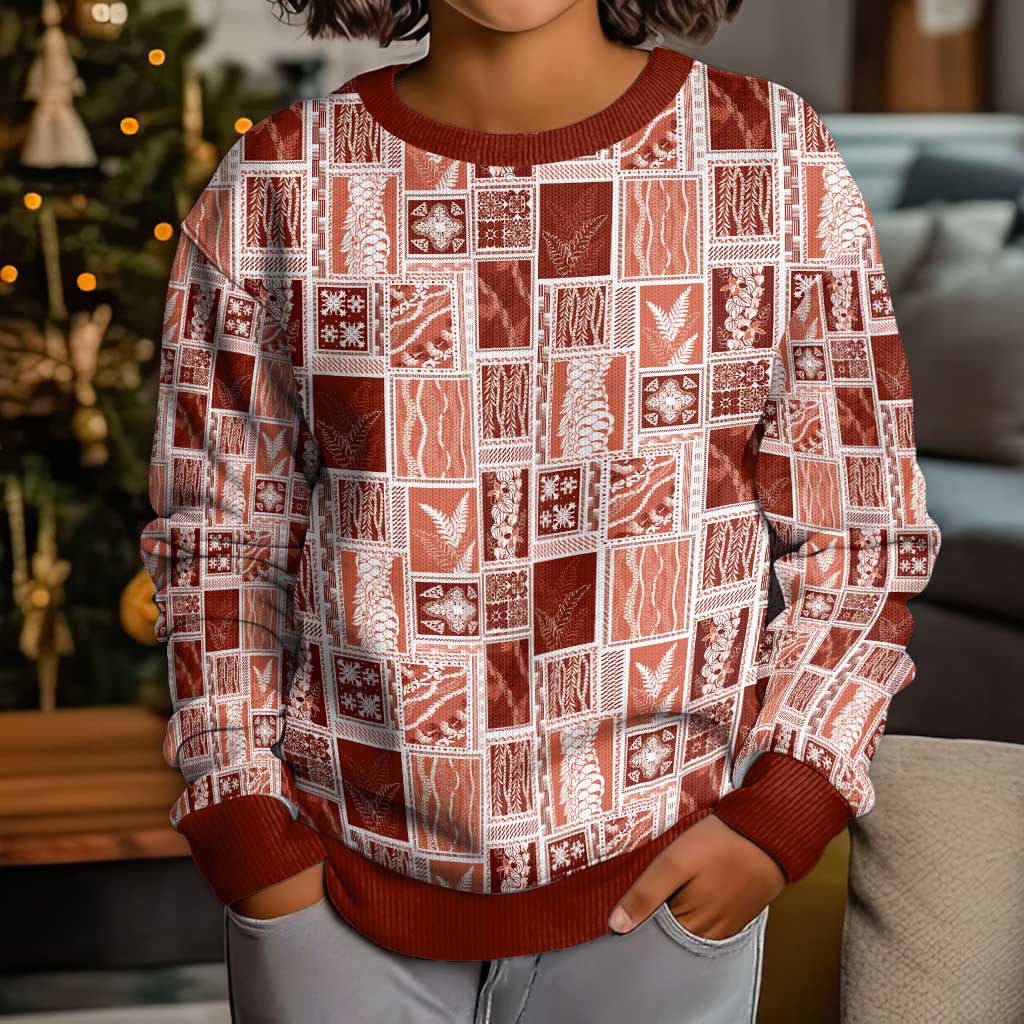 Vintage Aloha Block Quilt Kid Ugly Christmas Sweater Red Inspired Lei Motifs - Polynesian Pride