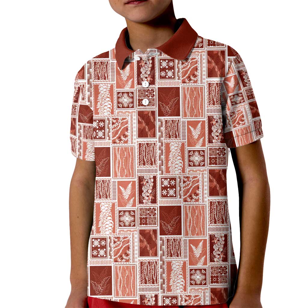 Vintage Aloha Block Quilt Kid Polo Shirt Red Inspired Lei Motifs - Polynesian Pride