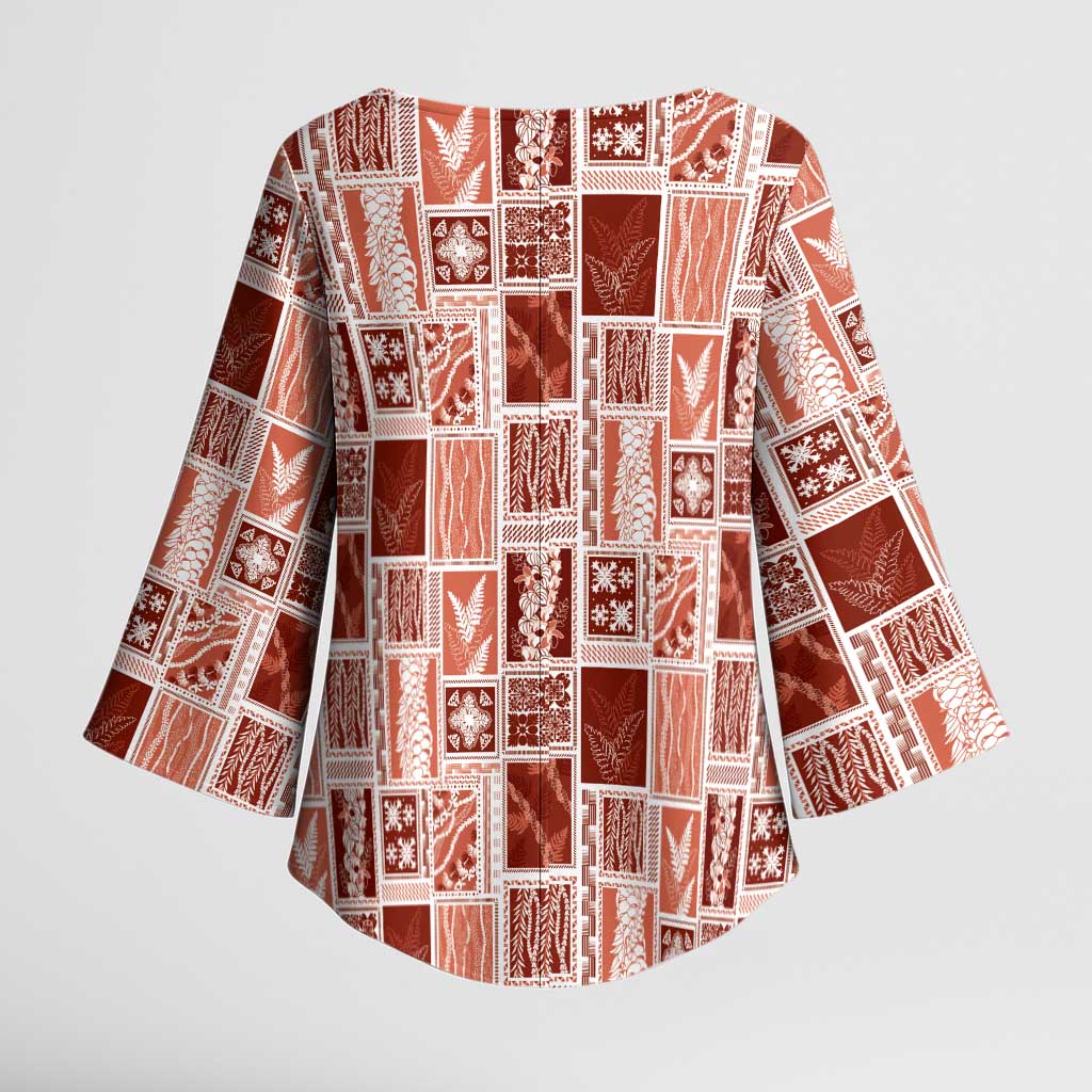 Vintage Aloha Block Quilt Kimono Sleeve Blouse Red Inspired Lei Motifs - Polynesian Pride