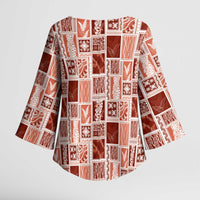 Vintage Aloha Block Quilt Kimono Sleeve Blouse Red Inspired Lei Motifs - Polynesian Pride