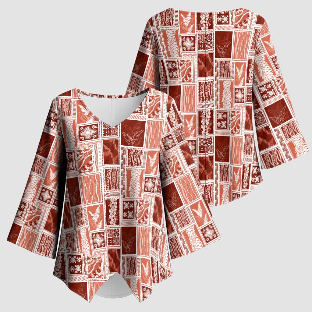 Vintage Aloha Block Quilt Kimono Sleeve Blouse Red Inspired Lei Motifs - Polynesian Pride