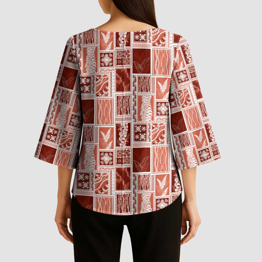 Vintage Aloha Block Quilt Kimono Sleeve Blouse Red Inspired Lei Motifs - Polynesian Pride