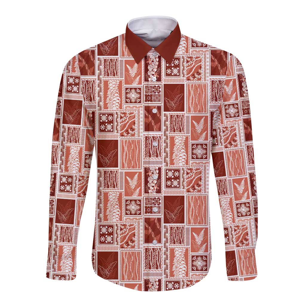 Vintage Aloha Block Quilt Long Sleeve Button Shirt Red Inspired Lei Motifs LT9 Unisex Red - Polynesian Pride