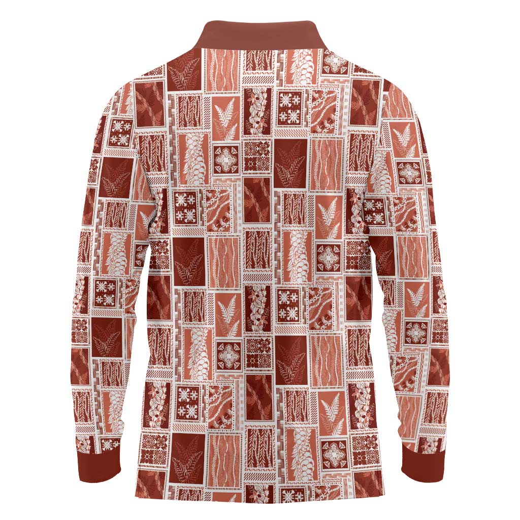 Vintage Aloha Block Quilt Long Sleeve Polo Shirt Red Inspired Lei Motifs - Polynesian Pride