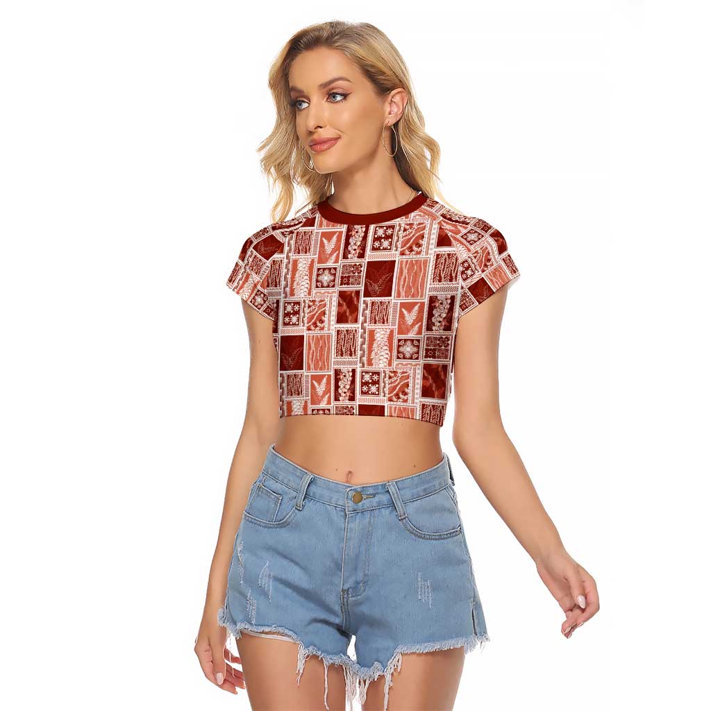 Vintage Aloha Block Quilt Raglan Cropped T Shirt Red Inspired Lei Motifs - Polynesian Pride