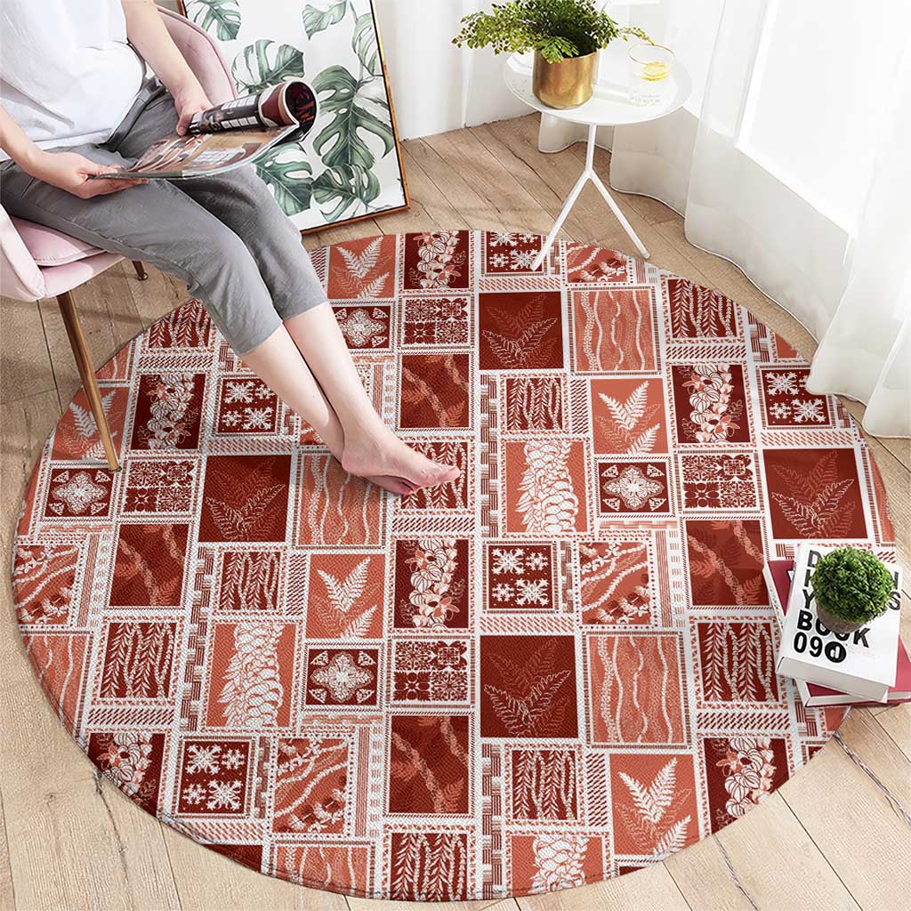 Vintage Aloha Block Quilt Round Carpet Red Inspired Lei Motifs - Polynesian Pride