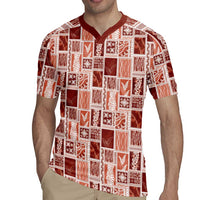 Vintage Aloha Block Quilt Rugby Jersey Red Inspired Lei Motifs - Polynesian Pride