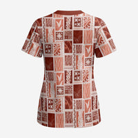 Vintage Aloha Block Quilt Scrub Top Red Inspired Lei Motifs - Polynesian Pride