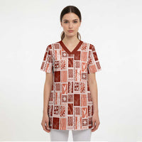 Vintage Aloha Block Quilt Scrub Top Red Inspired Lei Motifs - Polynesian Pride