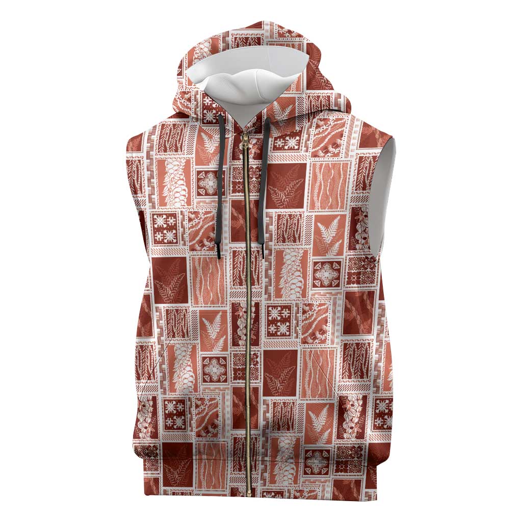 Vintage Aloha Block Quilt Sleeveless Zip Hoodie Red Inspired Lei Motifs - Polynesian Pride