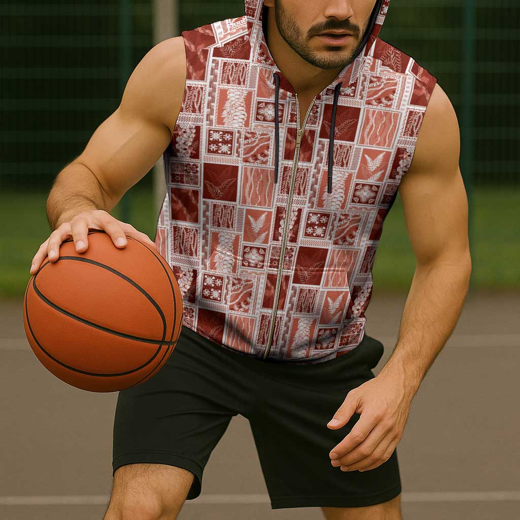 Vintage Aloha Block Quilt Sleeveless Zip Hoodie Red Inspired Lei Motifs - Polynesian Pride