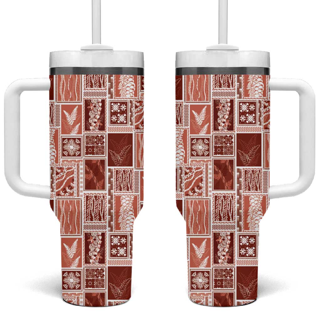 Vintage Aloha Block Quilt Tumbler With Handle Red Inspired Lei Motifs - Polynesian Pride
