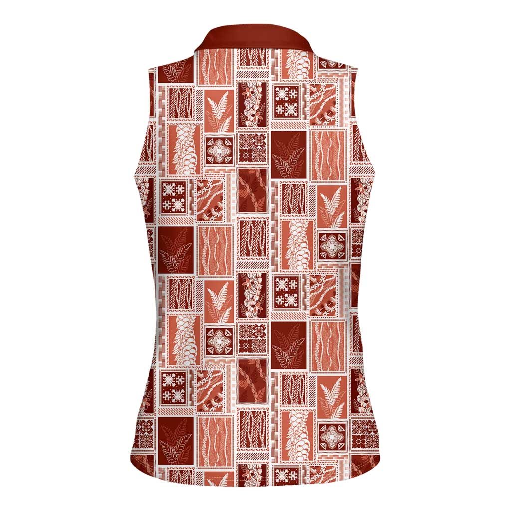 Vintage Aloha Block Quilt Women Sleeveless Polo Shirt Red Inspired Lei Motifs - Polynesian Pride
