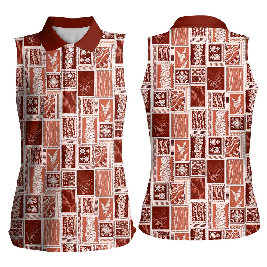 Vintage Aloha Block Quilt Women Sleeveless Polo Shirt Red Inspired Lei Motifs - Polynesian Pride