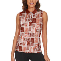 Vintage Aloha Block Quilt Women Sleeveless Polo Shirt Red Inspired Lei Motifs - Polynesian Pride