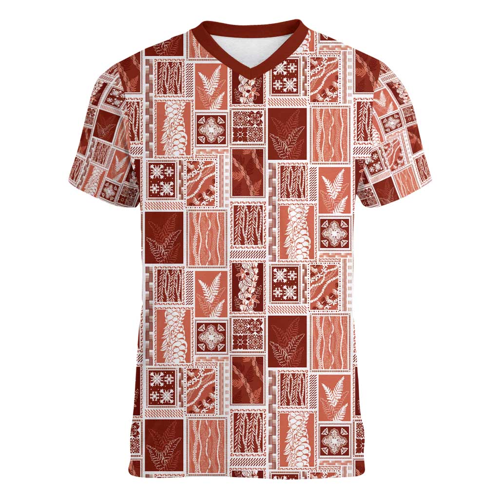 Vintage Aloha Block Quilt Women V-Neck T-Shirt Red Inspired Lei Motifs - Polynesian Pride