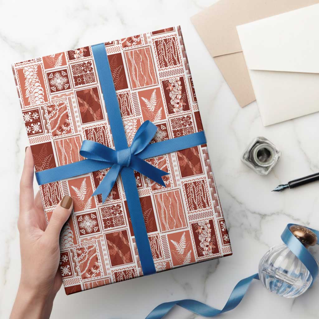 Vintage Aloha Block Quilt Wrapping Paper Red Inspired Lei Motifs - Polynesian Pride