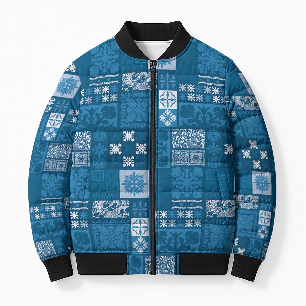 Vintage Hawaiian Quilting Patterns Bomber Puffer Jacket Blue Style Tribal Fabric Patchwork - Polynesian Pride