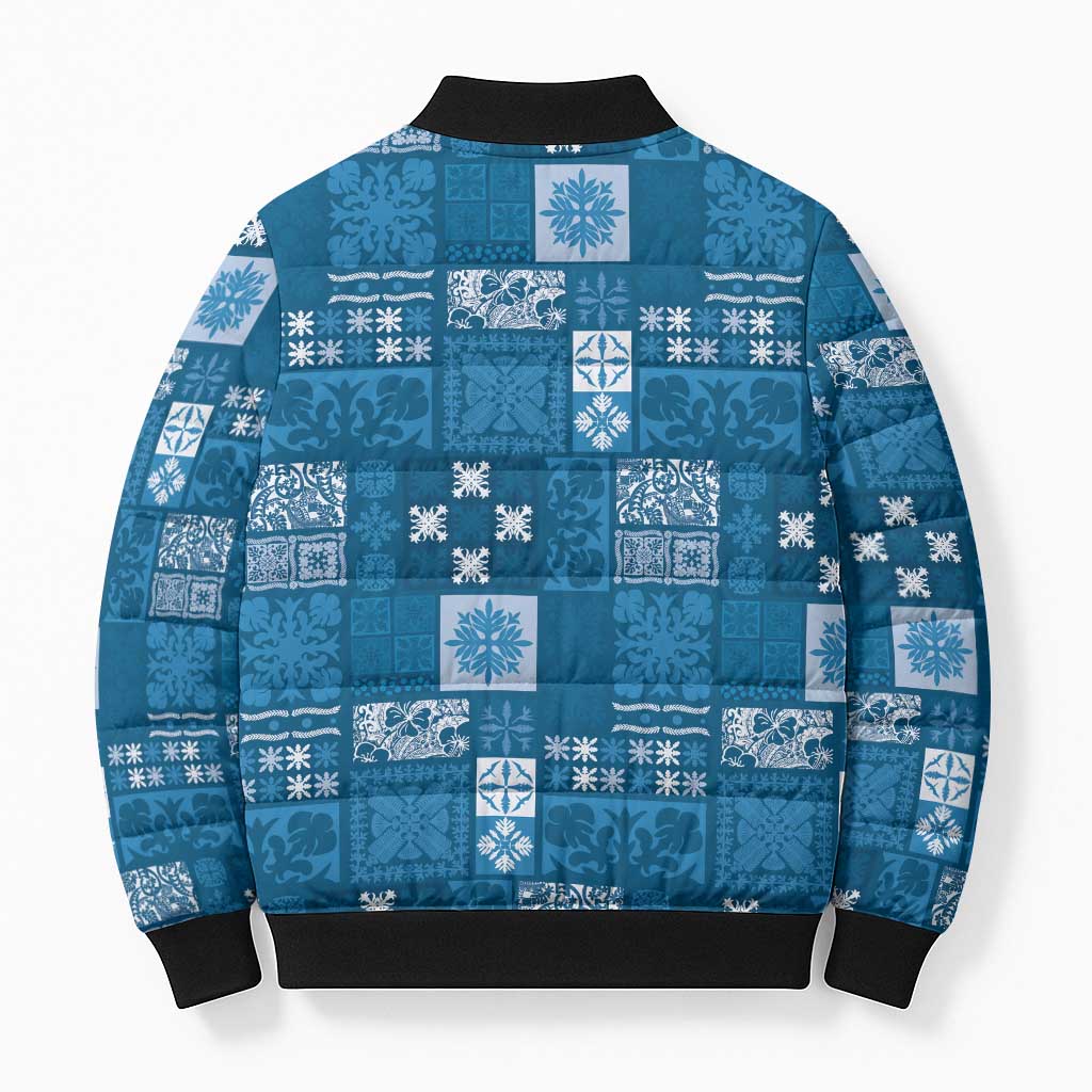 Vintage Hawaiian Quilting Patterns Bomber Puffer Jacket Blue Style Tribal Fabric Patchwork - Polynesian Pride