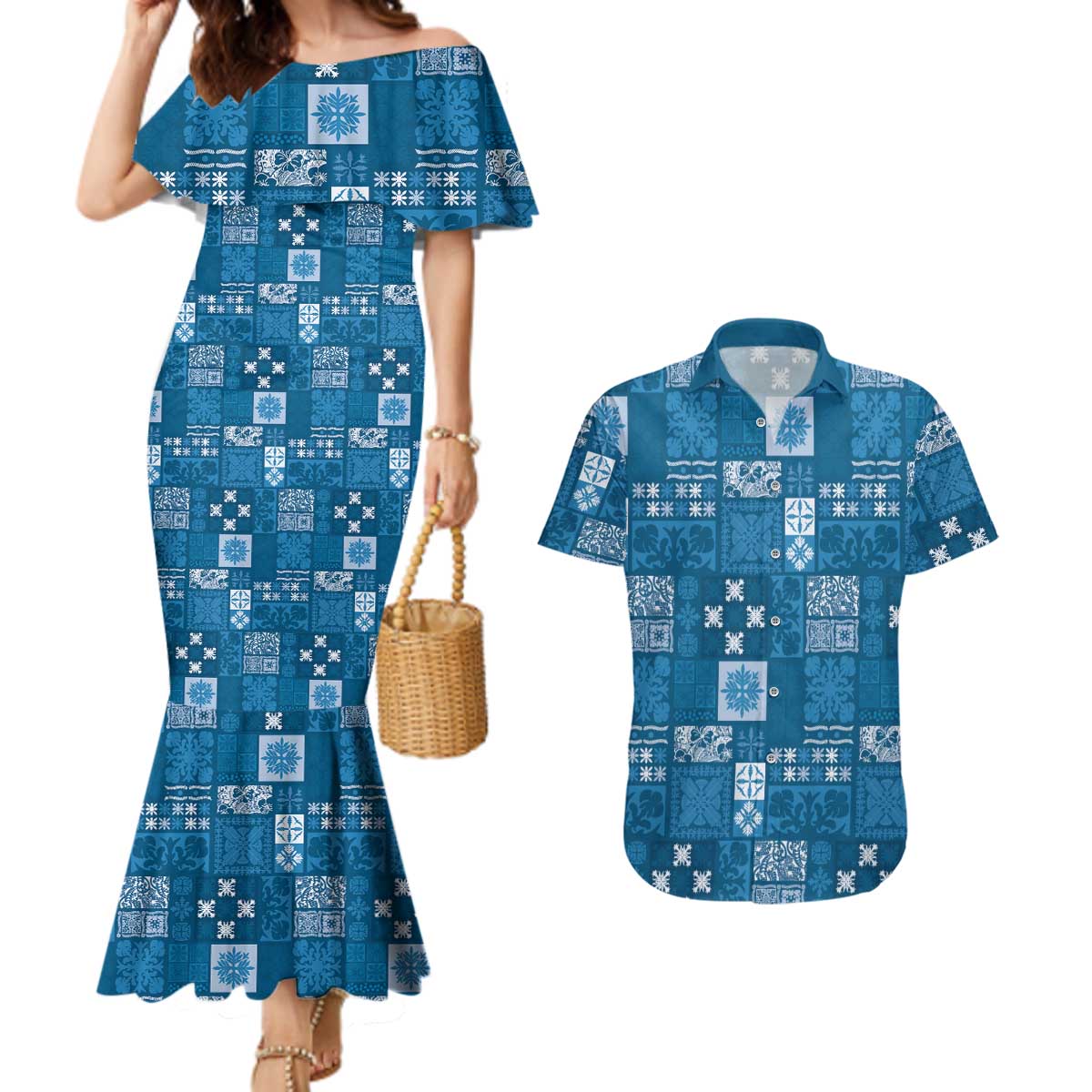 Vintage Hawaiian Quilting Patterns Couples Matching Mermaid Dress and Hawaiian Shirt Blue Style Tribal Fabric Patchwork - Polynesian Pride