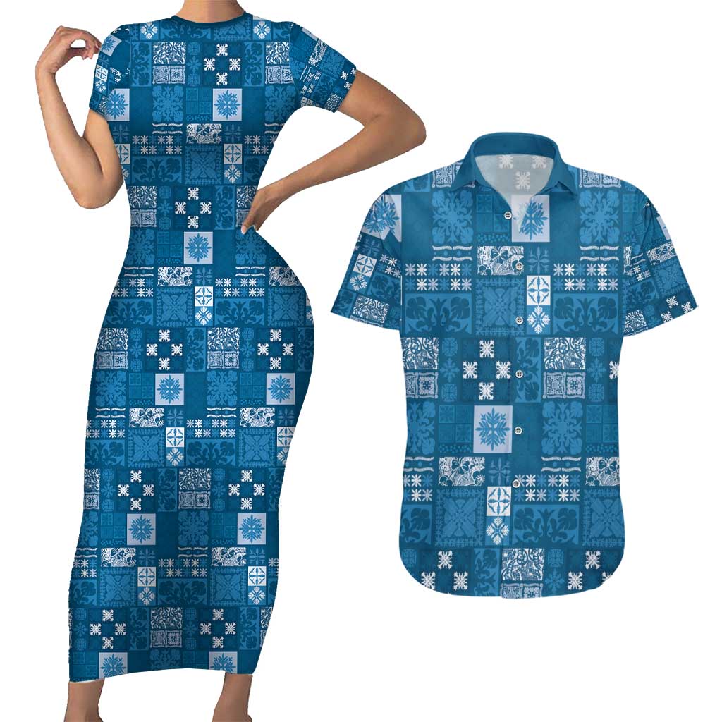 Vintage Hawaiian Quilting Patterns Couples Matching Short Sleeve Bodycon Dress and Hawaiian Shirt Blue Style Tribal Fabric Patchwork - Polynesian Pride