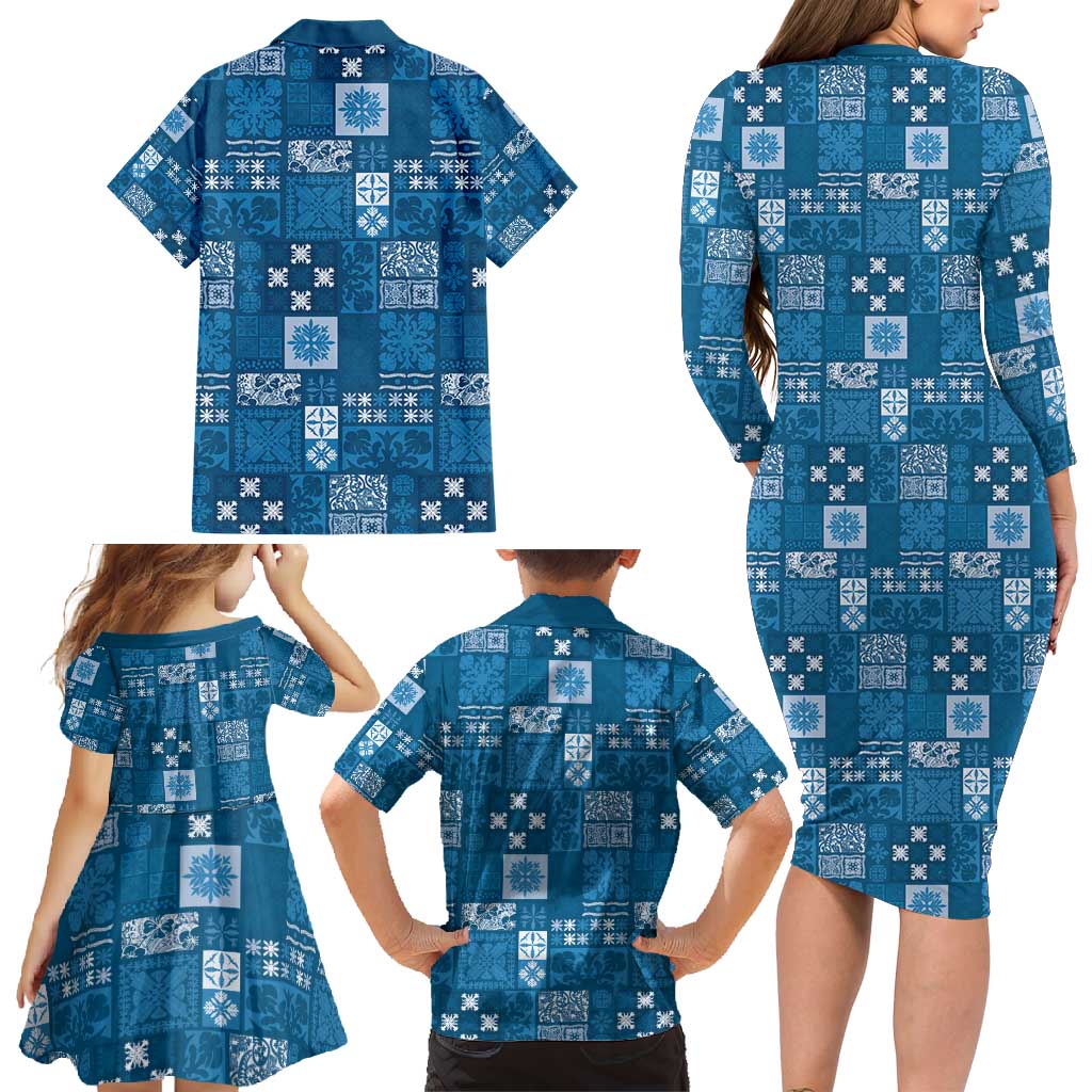 Vintage Hawaiian Quilting Patterns Family Matching Long Sleeve Bodycon Dress and Hawaiian Shirt Blue Style Tribal Fabric Patchwork - Polynesian Pride