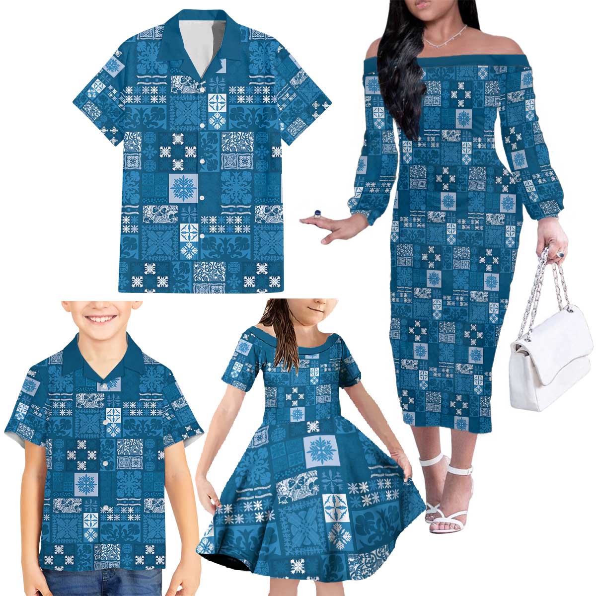 Vintage Hawaiian Quilting Patterns Family Matching Off The Shoulder Long Sleeve Dress and Hawaiian Shirt Blue Style Tribal Fabric Patchwork - Polynesian Pride
