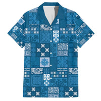 Vintage Hawaiian Quilting Patterns Family Matching Off The Shoulder Long Sleeve Dress and Hawaiian Shirt Blue Style Tribal Fabric Patchwork - Polynesian Pride