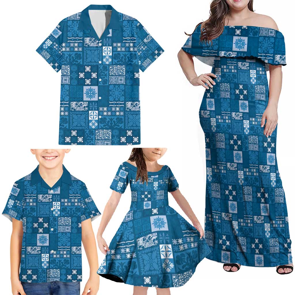 Vintage Hawaiian Quilting Patterns Family Matching Off Shoulder Maxi Dress and Hawaiian Shirt Blue Style Tribal Fabric Patchwork - Polynesian Pride