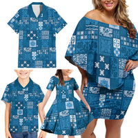 Vintage Hawaiian Quilting Patterns Family Matching Off Shoulder Short Dress and Hawaiian Shirt Blue Style Tribal Fabric Patchwork - Polynesian Pride