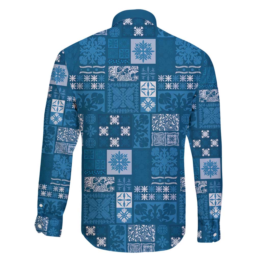 Vintage Hawaiian Quilting Patterns Family Matching Off Shoulder Short Dress and Hawaiian Shirt Blue Style Tribal Fabric Patchwork - Polynesian Pride