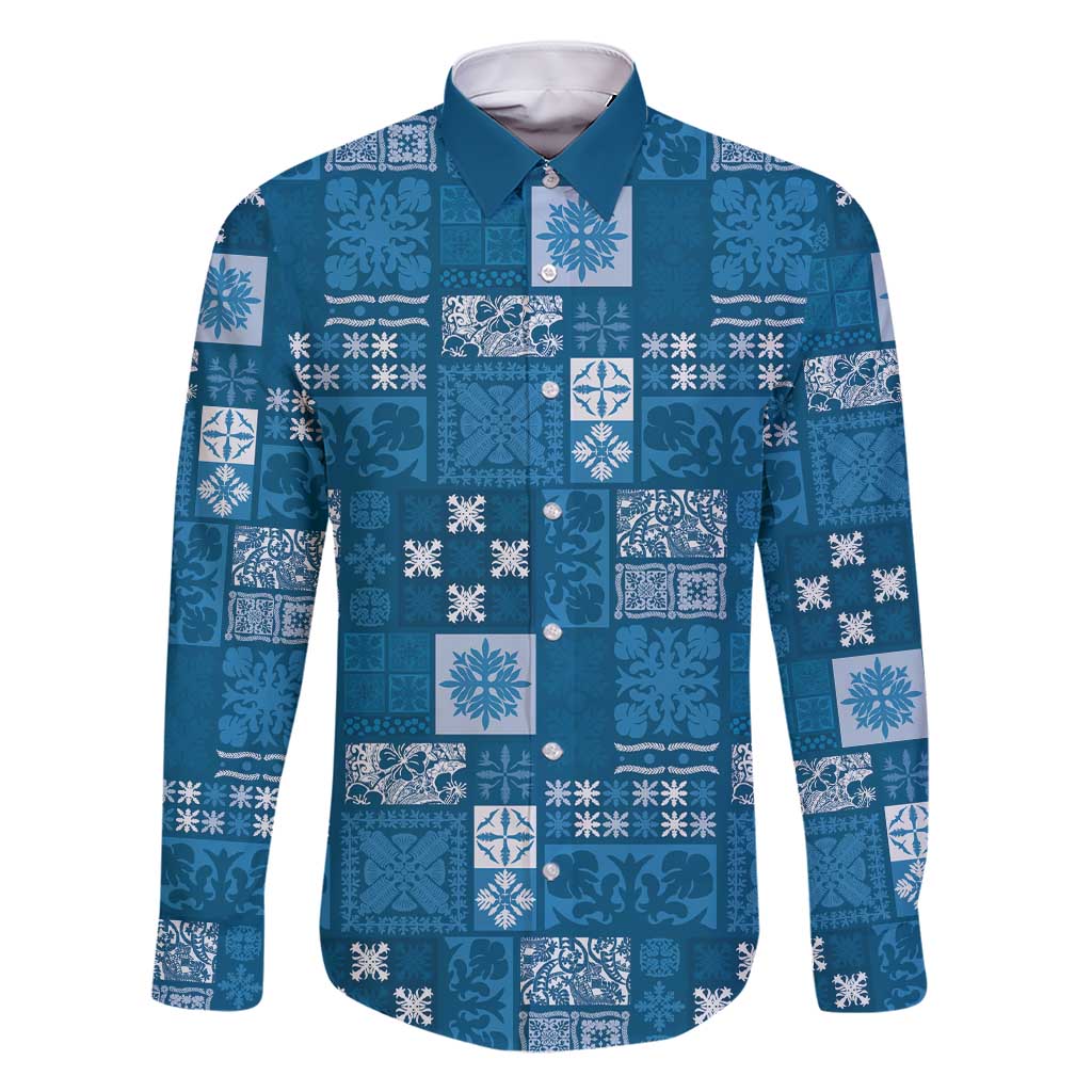 Vintage Hawaiian Quilting Patterns Family Matching Short Sleeve Bodycon Dress and Hawaiian Shirt Blue Style Tribal Fabric Patchwork - Polynesian Pride