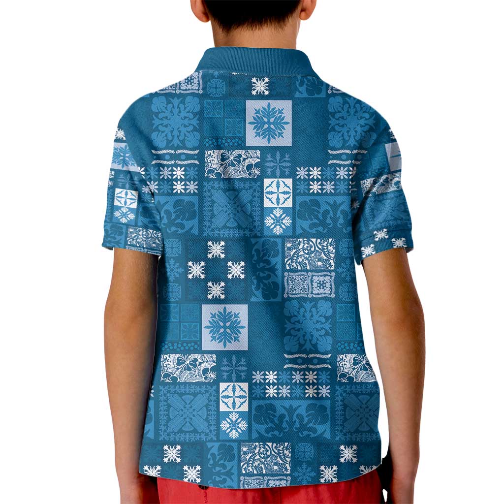 Vintage Hawaiian Quilting Patterns Kid Polo Shirt Blue Style Tribal Fabric Patchwork - Polynesian Pride
