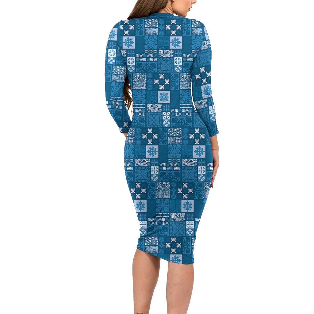 Vintage Hawaiian Quilting Patterns Long Sleeve Bodycon Dress Blue Style Tribal Fabric Patchwork - Polynesian Pride