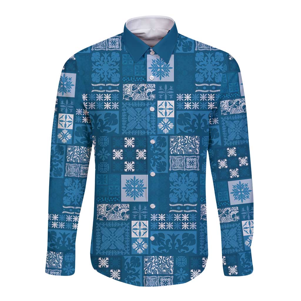 Vintage Hawaiian Quilting Patterns Long Sleeve Button Shirt Blue Style Tribal Fabric Patchwork - Polynesian Pride