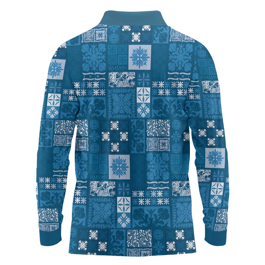 Vintage Hawaiian Quilting Patterns Long Sleeve Polo Shirt Blue Style Tribal Fabric Patchwork - Polynesian Pride
