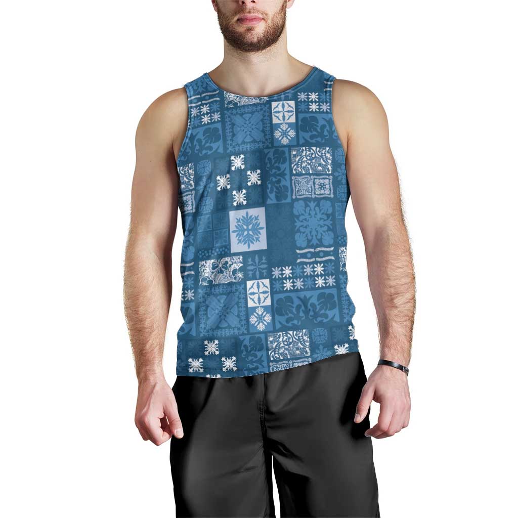 Vintage Hawaiian Quilting Patterns Men Tank Top Blue Style Tribal Fabric Patchwork - Polynesian Pride