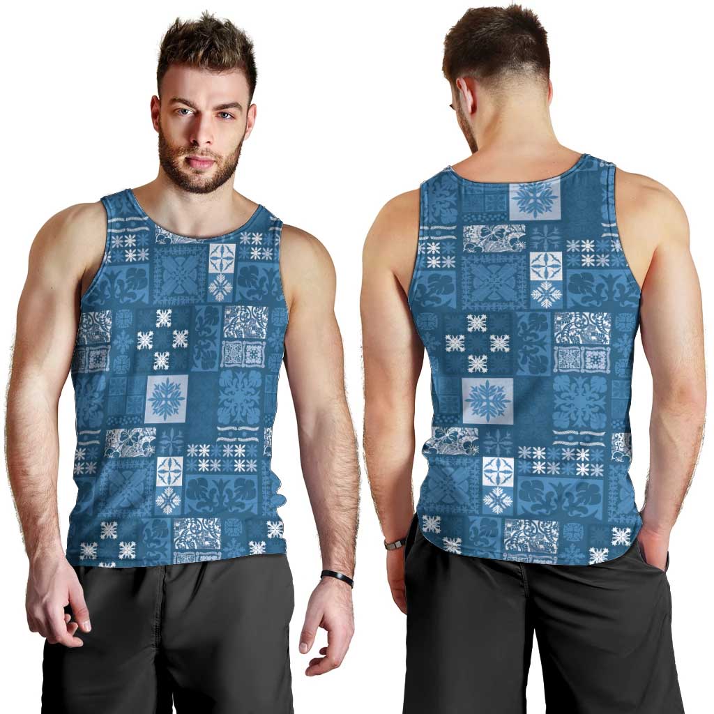 Vintage Hawaiian Quilting Patterns Men Tank Top Blue Style Tribal Fabric Patchwork - Polynesian Pride