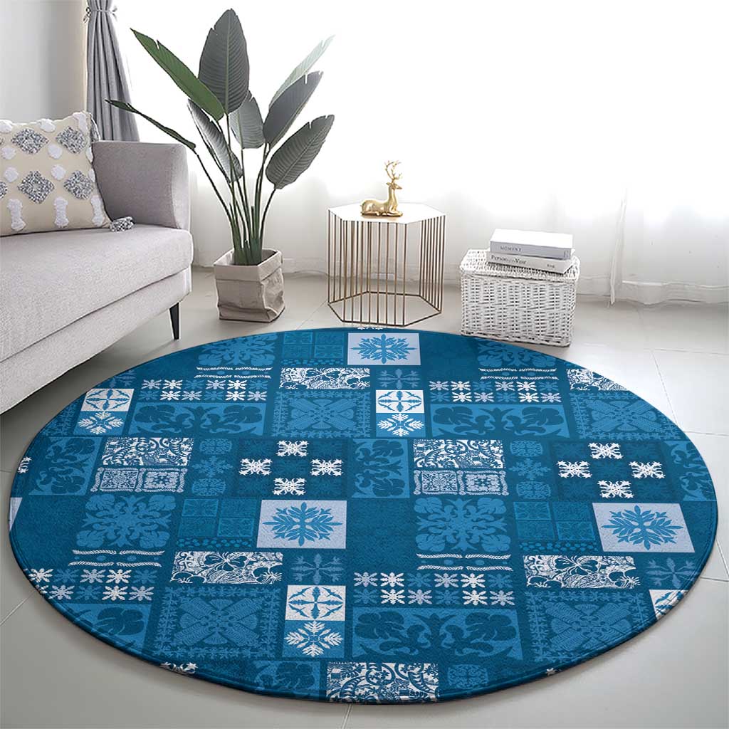 Vintage Hawaiian Quilting Patterns Round Carpet Blue Style Tribal Fabric Patchwork - Polynesian Pride
