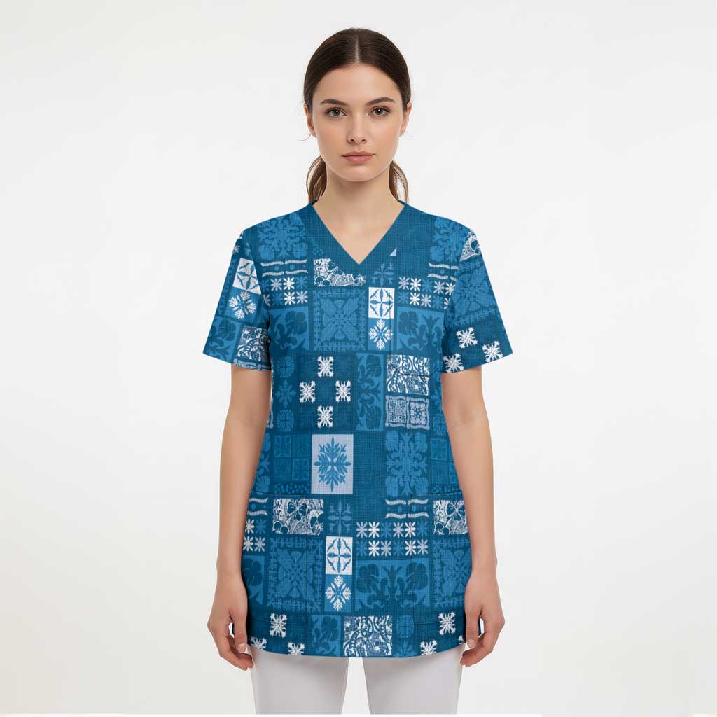Vintage Hawaiian Quilting Patterns Scrub Top Blue Style Tribal Fabric Patchwork - Polynesian Pride