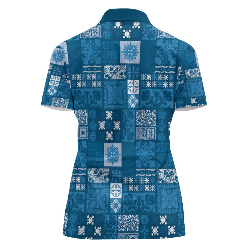 Vintage Hawaiian Quilting Patterns Women Polo Shirt Blue Style Tribal Fabric Patchwork - Polynesian Pride