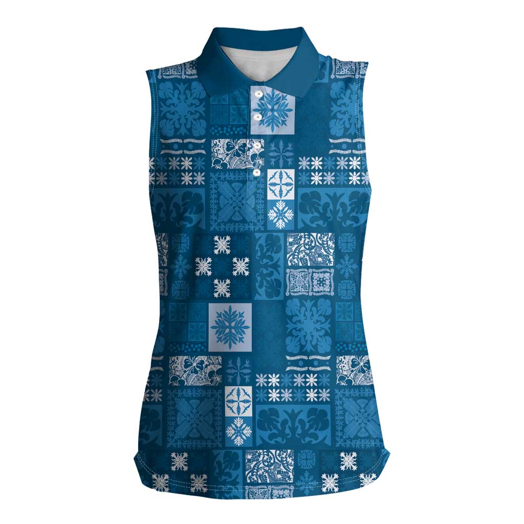 Vintage Hawaiian Quilting Patterns Women Sleeveless Polo Shirt Blue Style Tribal Fabric Patchwork - Polynesian Pride