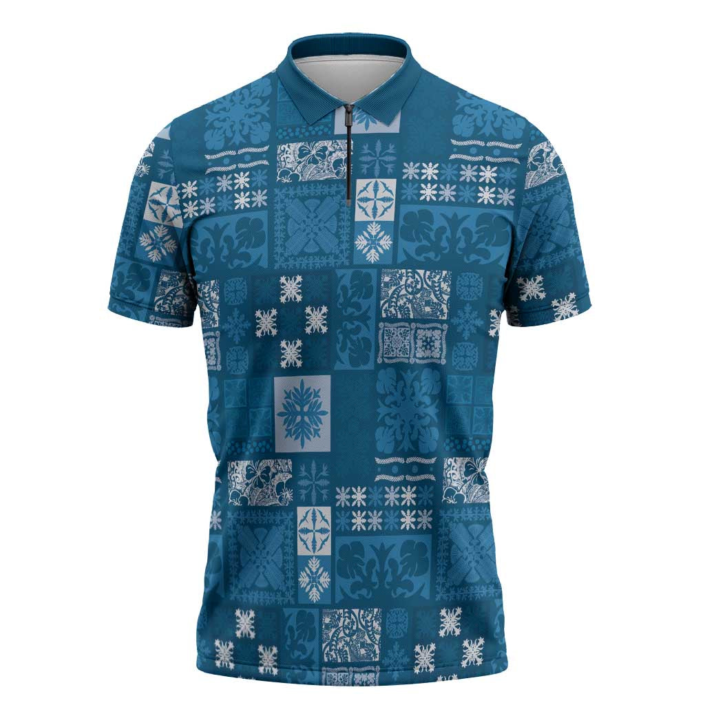 Vintage Hawaiian Quilting Patterns Zipper Polo Shirt Blue Style Tribal Fabric Patchwork - Polynesian Pride