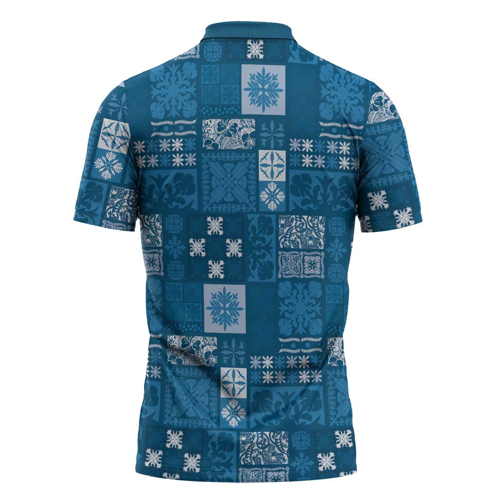 Vintage Hawaiian Quilting Patterns Zipper Polo Shirt Blue Style Tribal Fabric Patchwork - Polynesian Pride