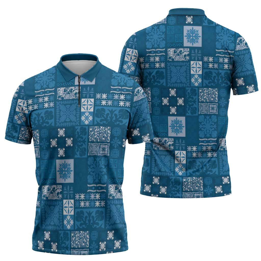 Vintage Hawaiian Quilting Patterns Zipper Polo Shirt Blue Style Tribal Fabric Patchwork - Polynesian Pride