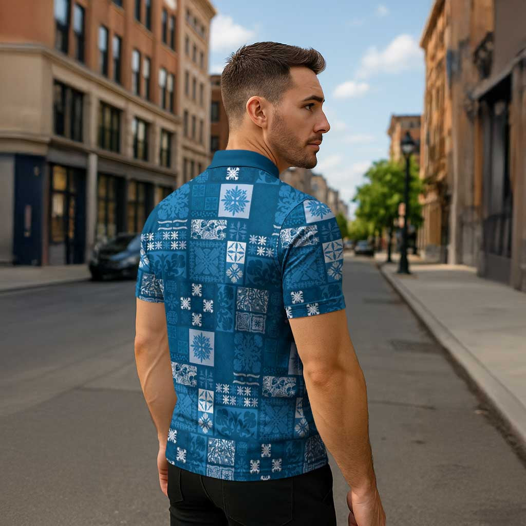 Vintage Hawaiian Quilting Patterns Zipper Polo Shirt Blue Style Tribal Fabric Patchwork - Polynesian Pride