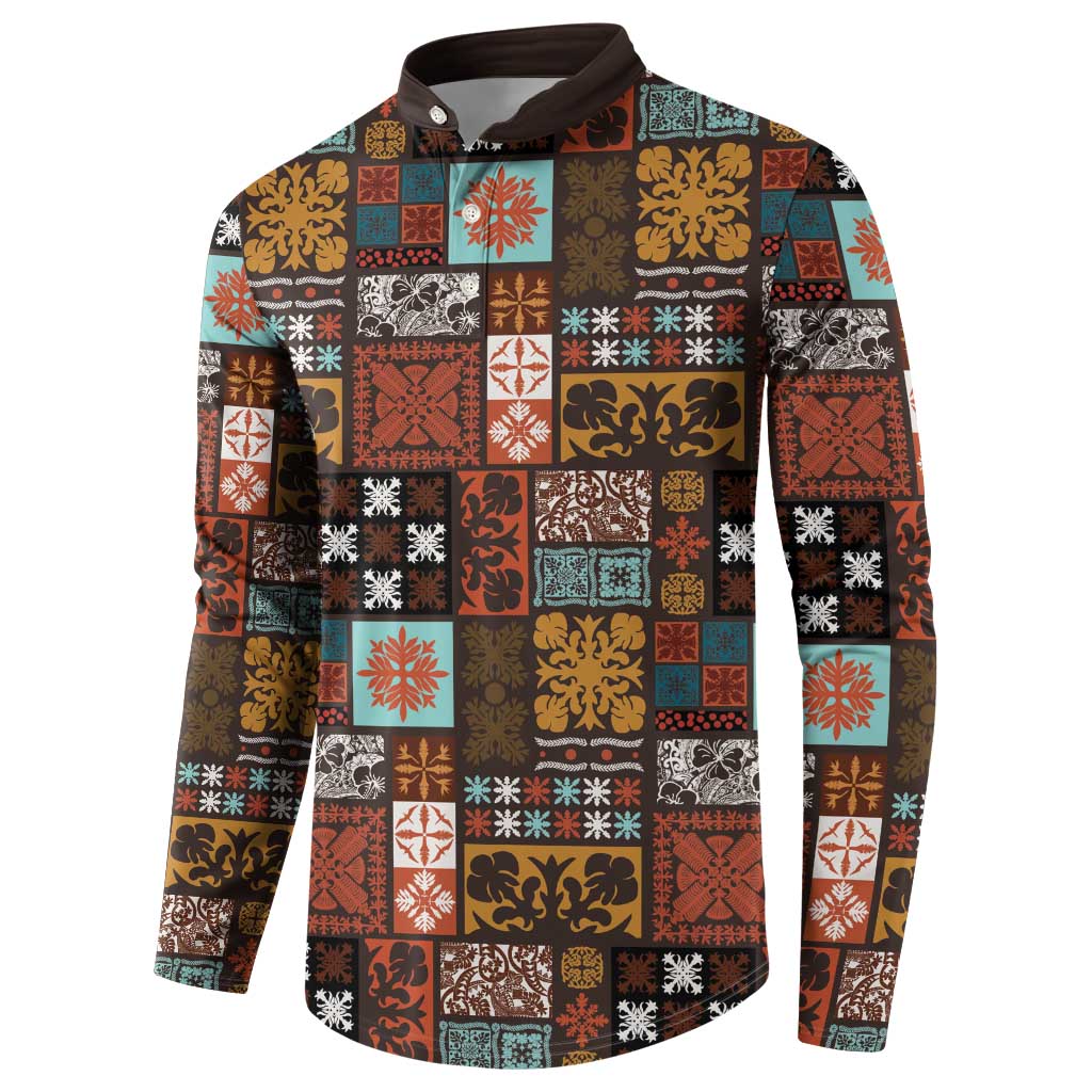 Vintage Hawaiian Quilting Patterns Button Sweatshirt Brown Style Tribal Fabric Patchwork - Polynesian Pride